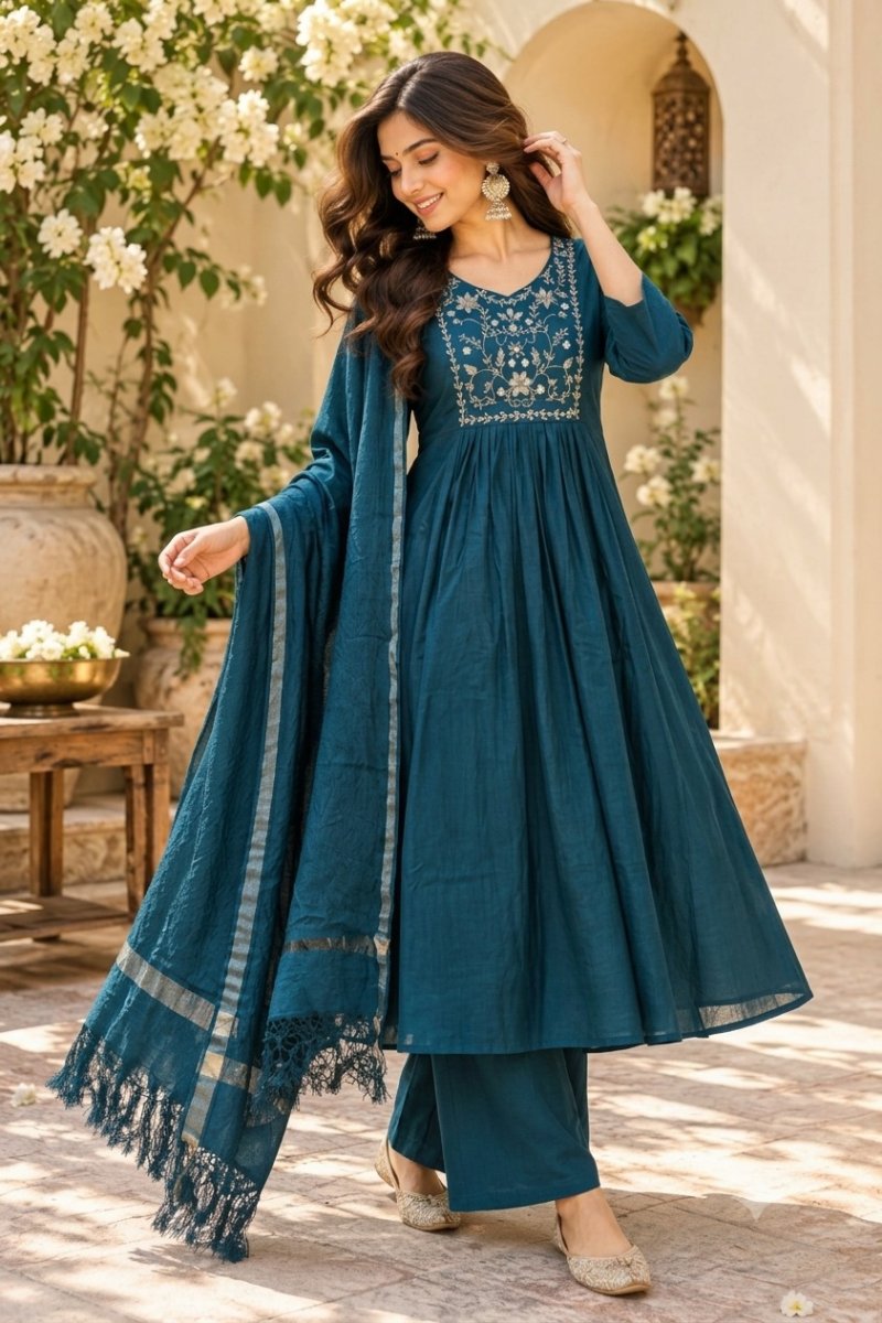 Ff Mul Chanderi With Inner With Heavy Work Kurti With Bottom Dupatta